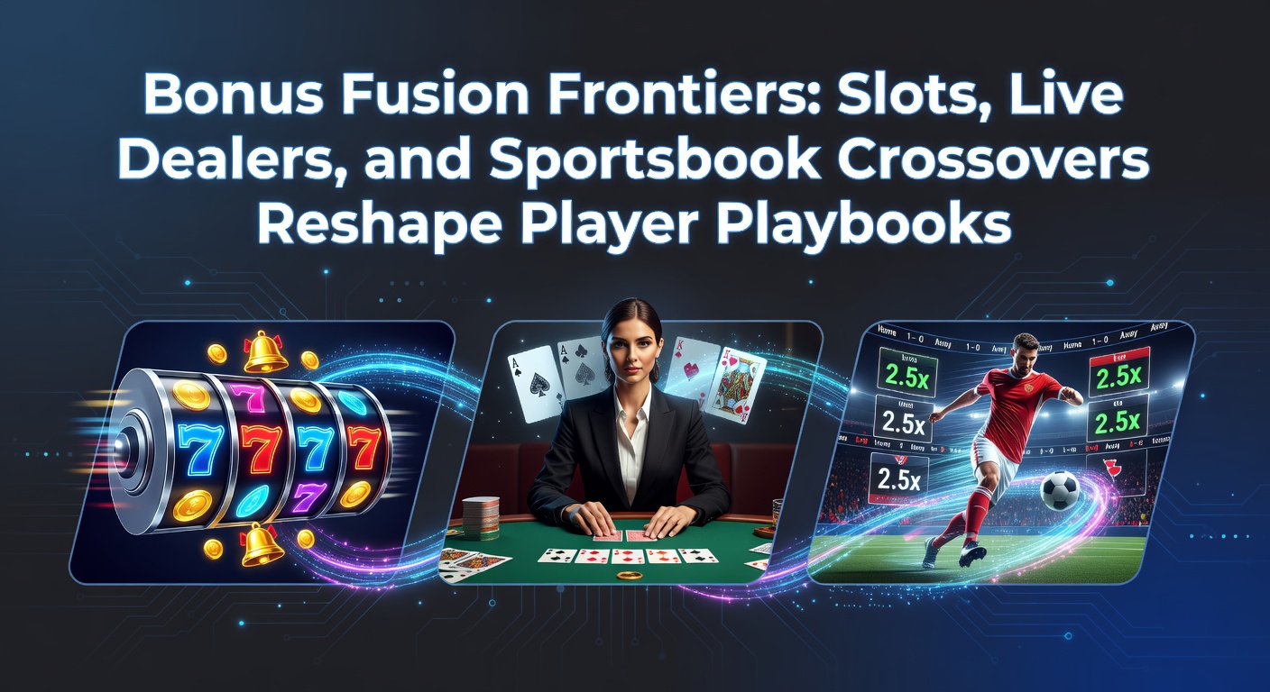 Vibrant digital collage showing slot reels merging with live dealer tables and sportsbook odds boards, symbolizing bonus crossovers in online gambling