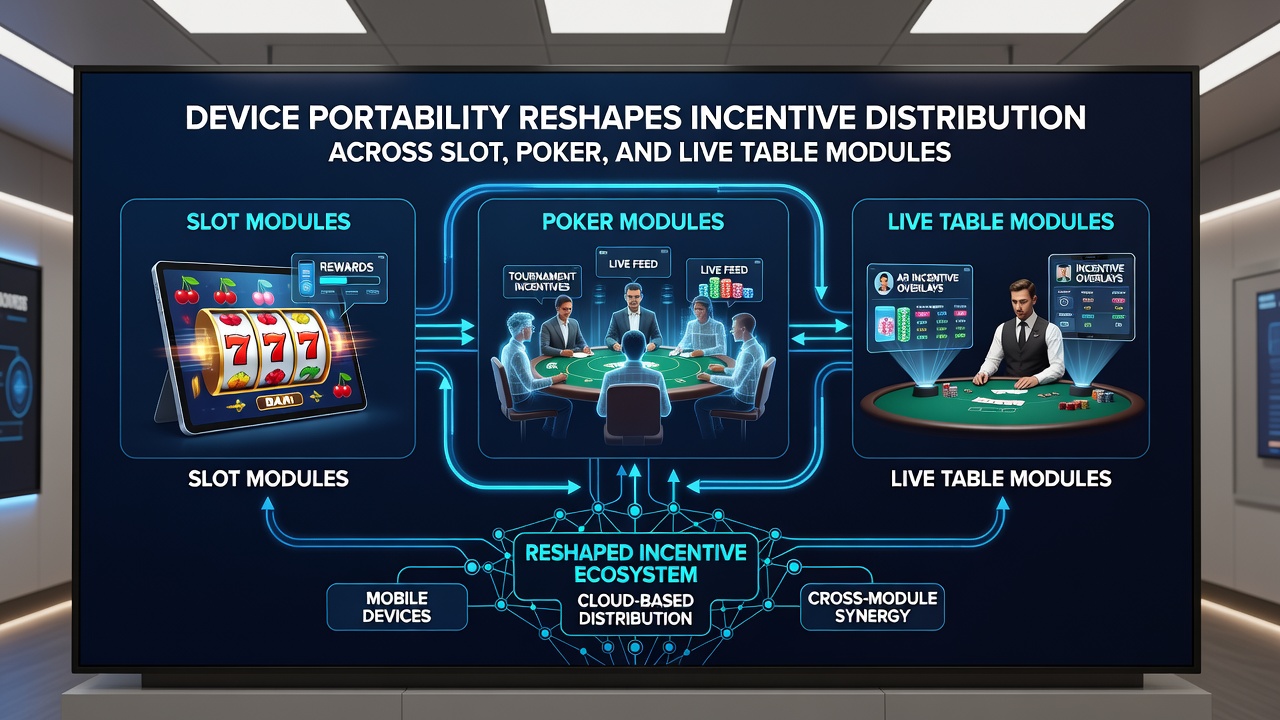 Live dealer table interface on a portable tablet showing synchronized incentives from slot and poker modules