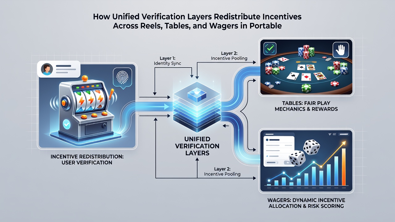 Dashboard view of portable app illustrating incentive redistribution from verification layer to slots, tables, and sports wagers