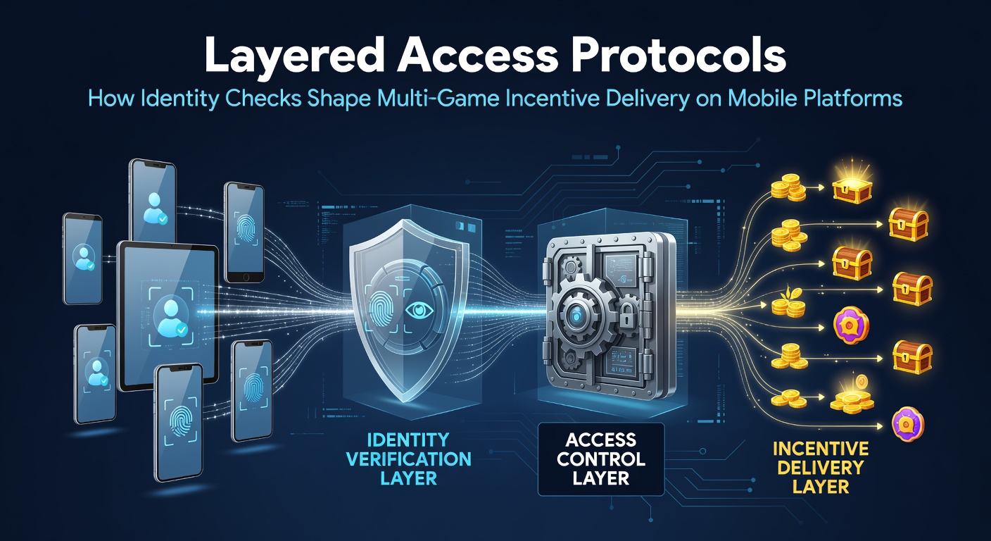 Illustration of layered identity verification steps on a mobile gaming interface showing progressive access to incentives