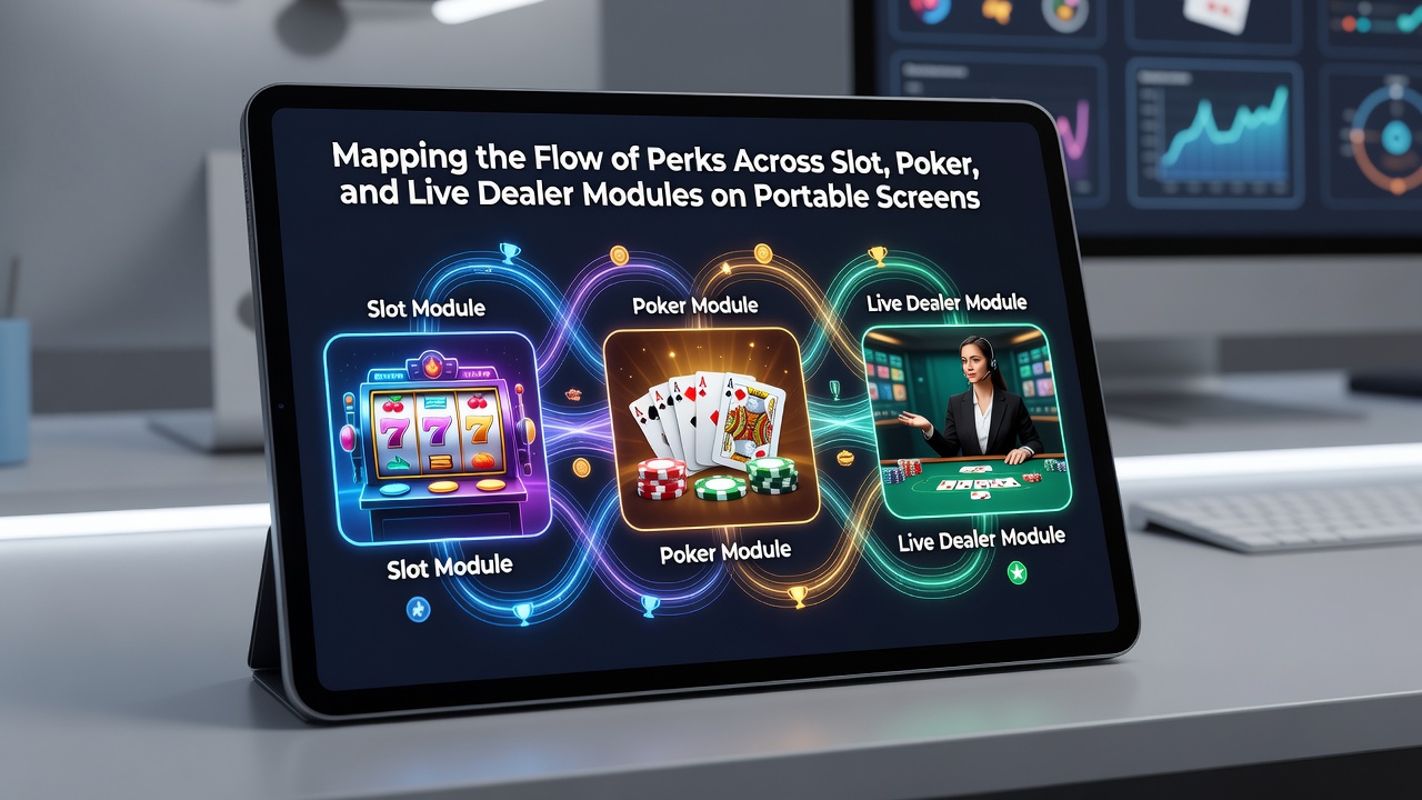 Flow diagram illustrating perk movement between slot, poker, and live dealer modules on a tablet screen