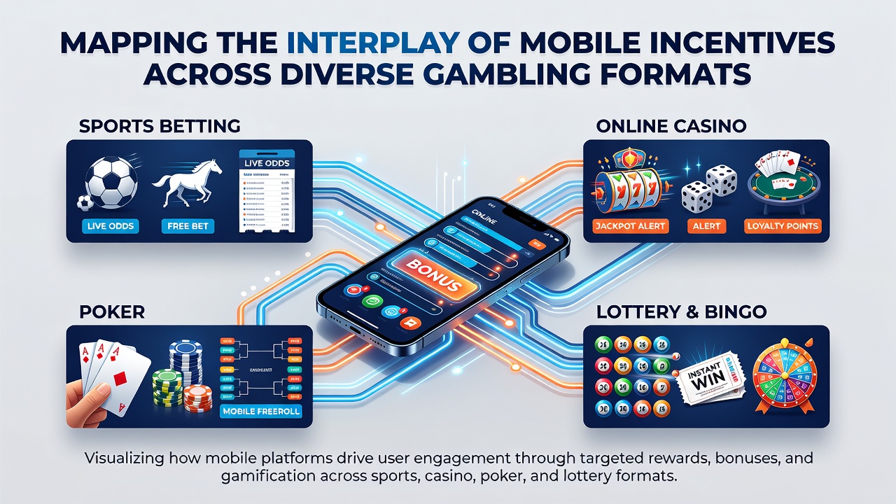 Network diagram illustrating data flows between mobile slot, poker, and sportsbook reward modules