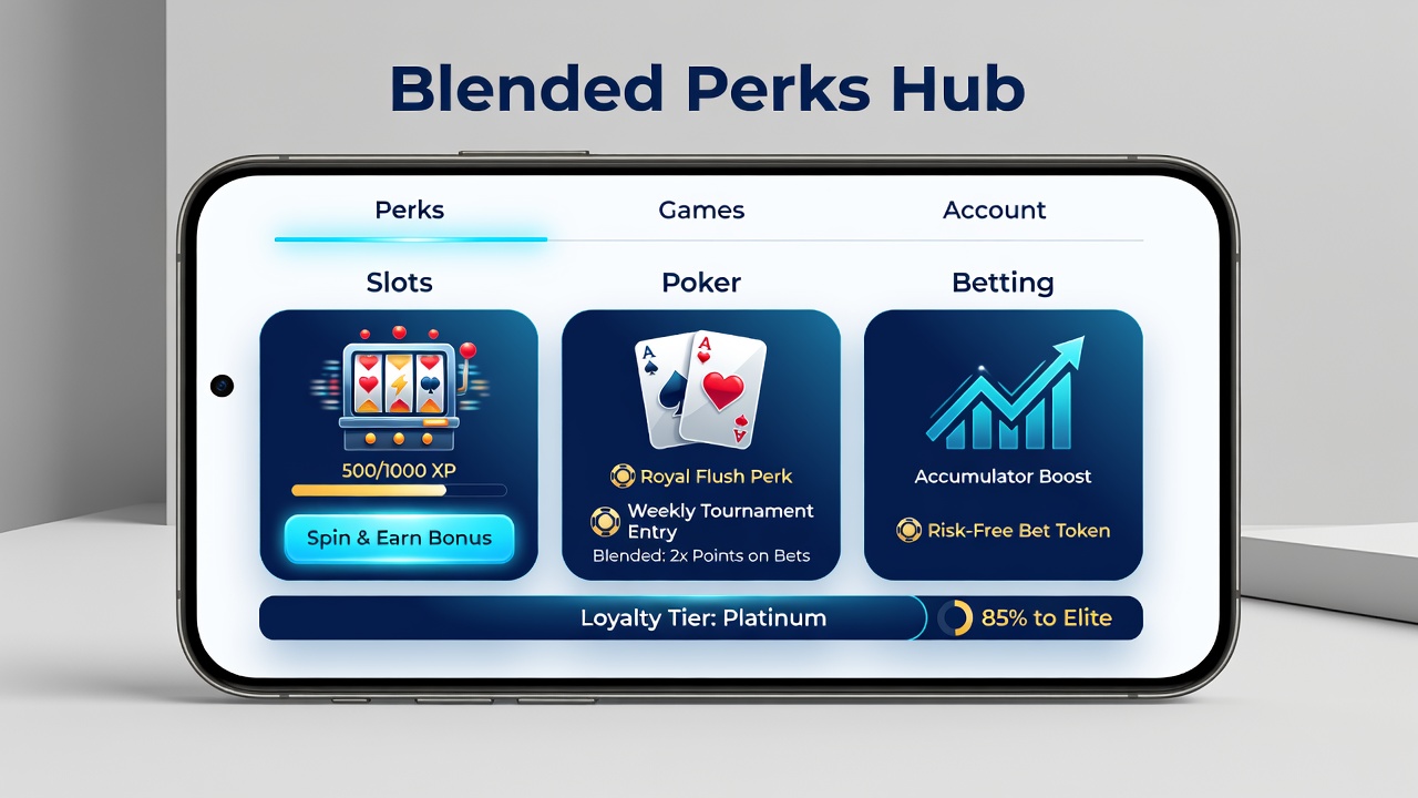 Close-up view of mobile app tabs and reward notifications linking slots, poker, and betting perks