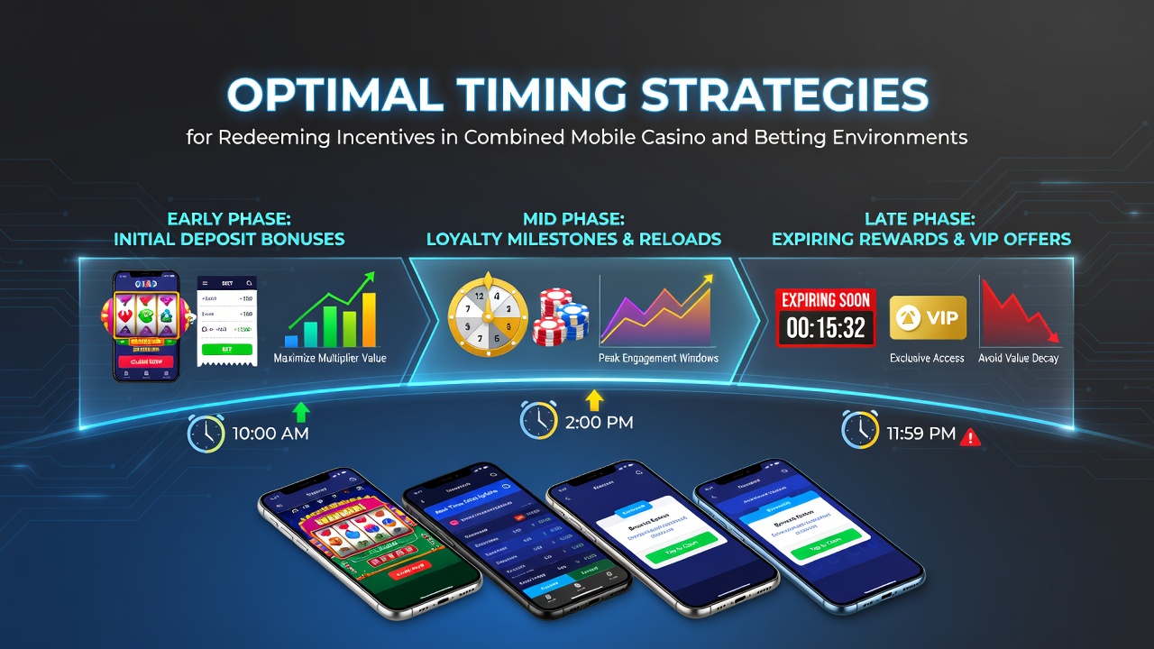 Mobile device displaying integrated casino and betting app interface with timing indicators for reward redemptions