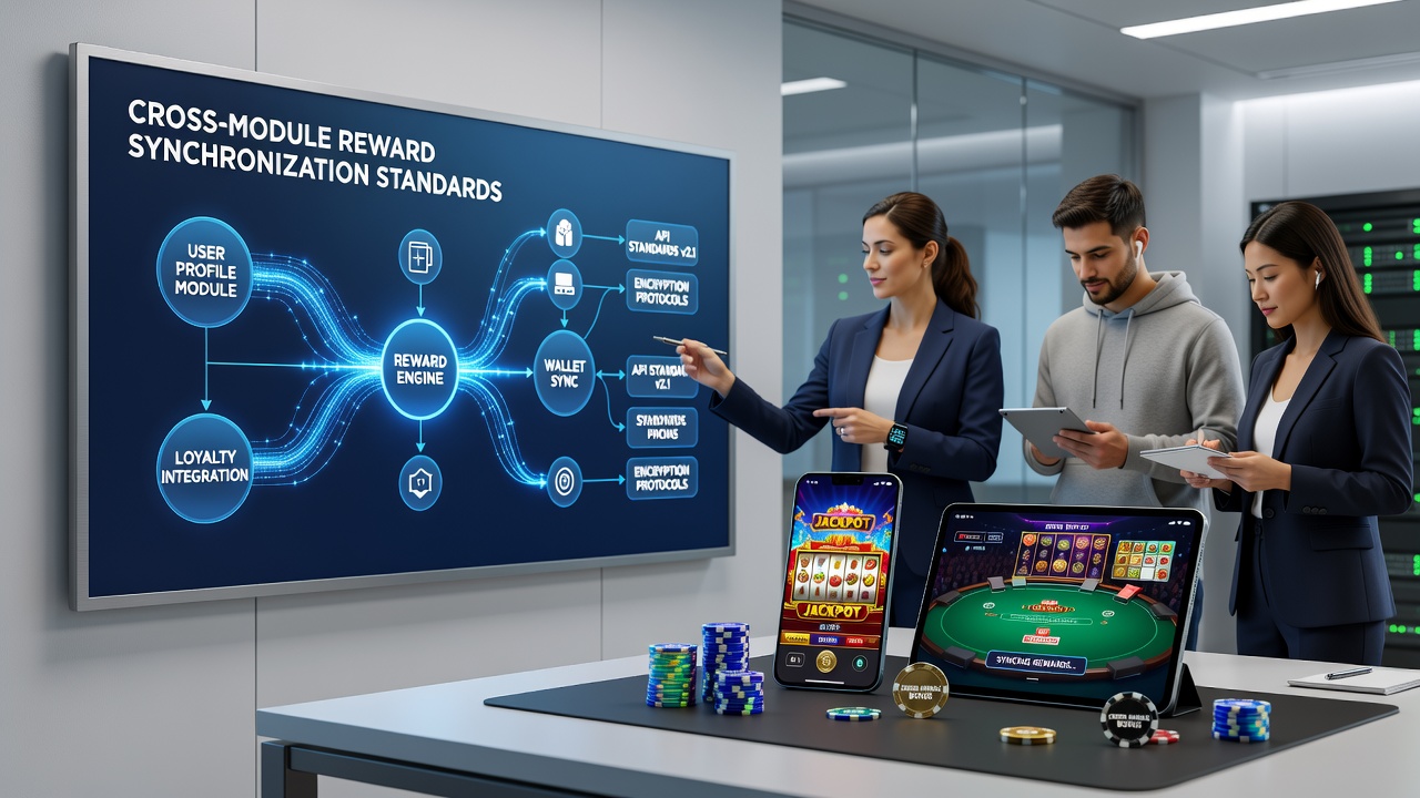 Technical diagram showing data flow between casino gaming modules with reward synchronization checkpoints