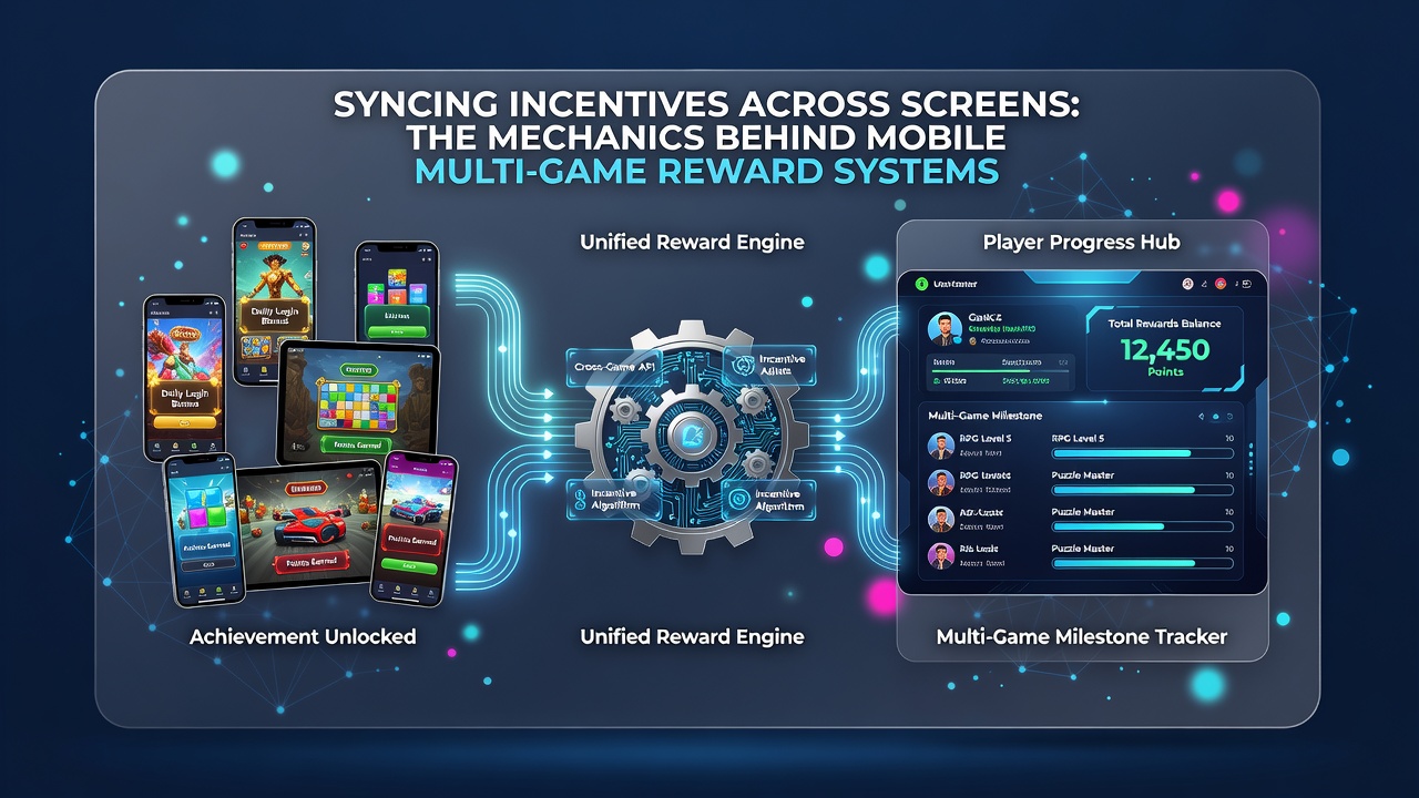 Close-up of server infrastructure and data synchronization dashboard used in mobile multi-game reward platforms