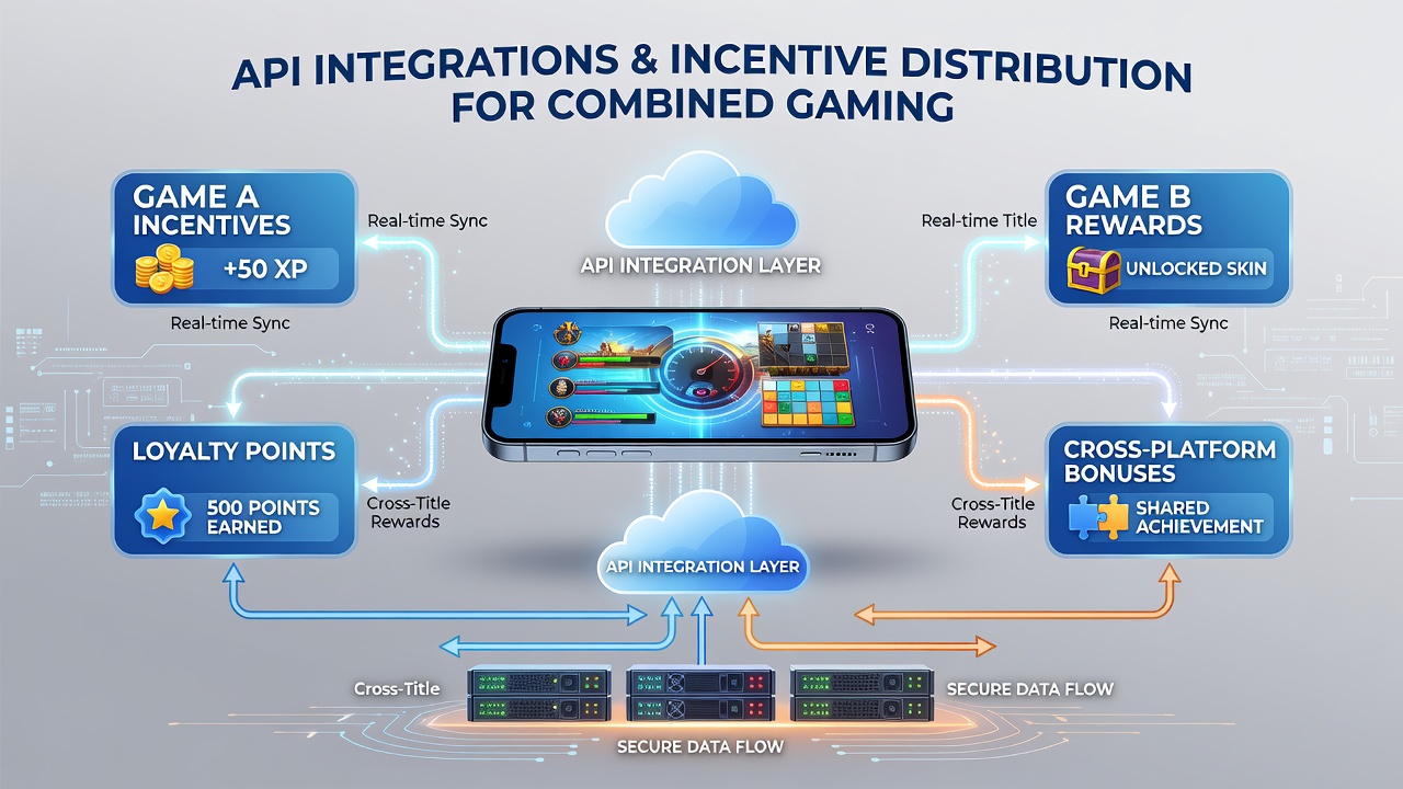 Developer dashboard showing API connections between multiple mobile game reward modules