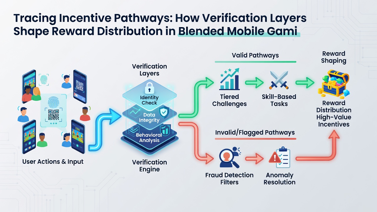 Flowchart illustrating how identity checks direct incentive pathways in multi-game mobile apps
