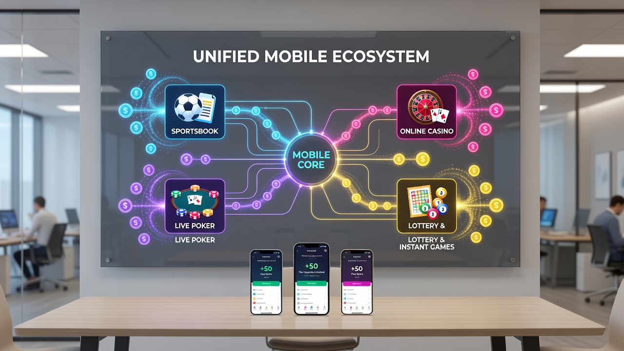 Dashboard view of unified mobile app showing incentive distribution across slots, poker, and sports betting modules